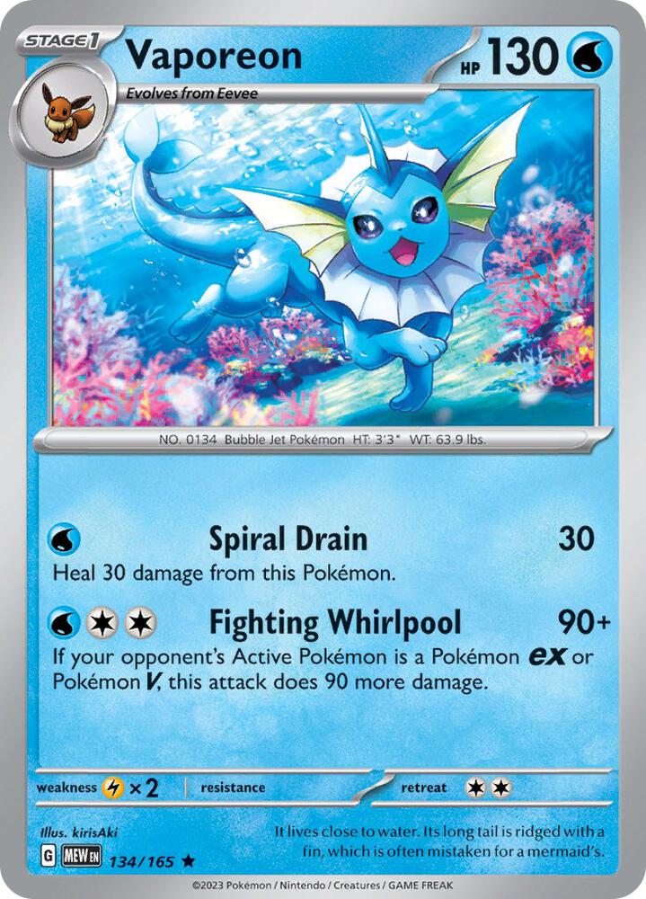 Vaporeon 134/165 - Rare - Reverse Holo - Español-Kantocards