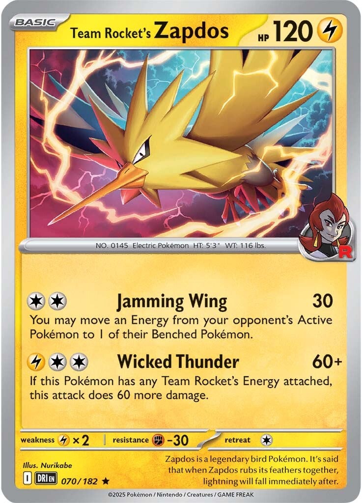 Team Rocket's Zapdos 070/182 - Rare - Reverse Holo-Kantocards