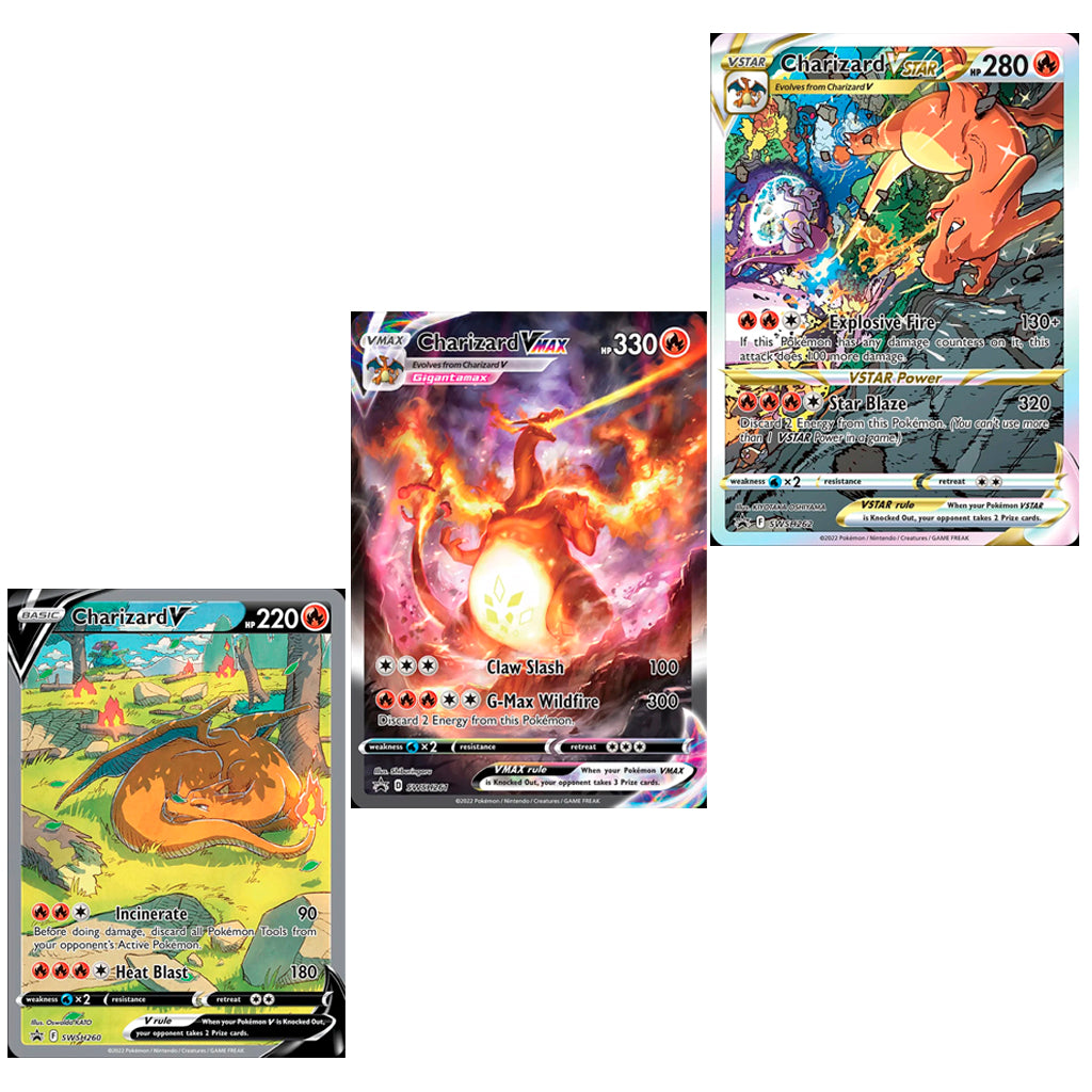 CHARIZARD VSTAR SWSH262 + CHARIZARD VMAX SWSH261 + CHARIZARD V SWSH260-Kantocards