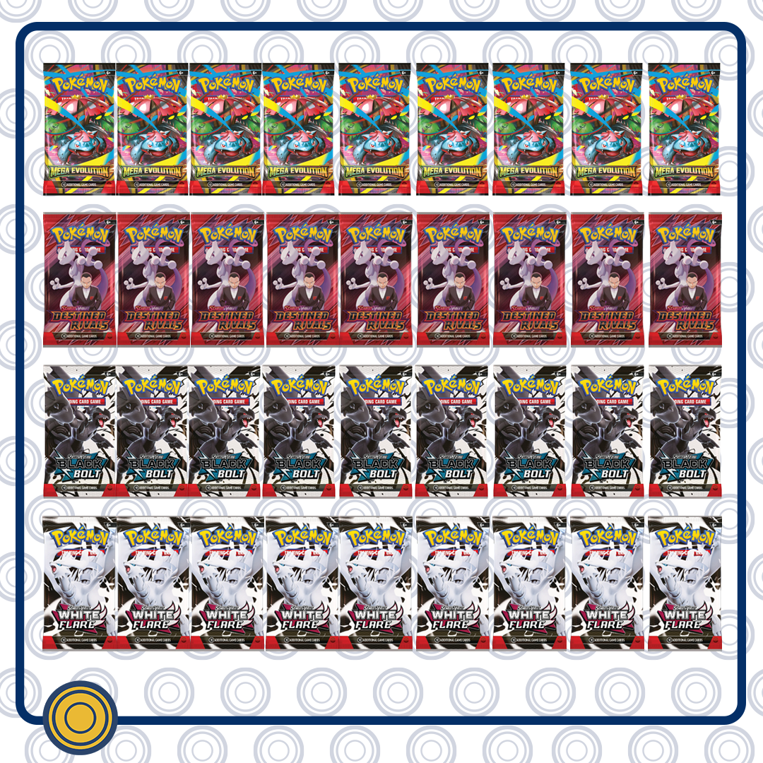 Booster Box MIXTA = 9 Boosters Destined Rivals + 9 Boosters Mega Evolution + 9 Boosters Black Bolt + 9 Booster White Flare (Equivalente a 1 Booster Box)