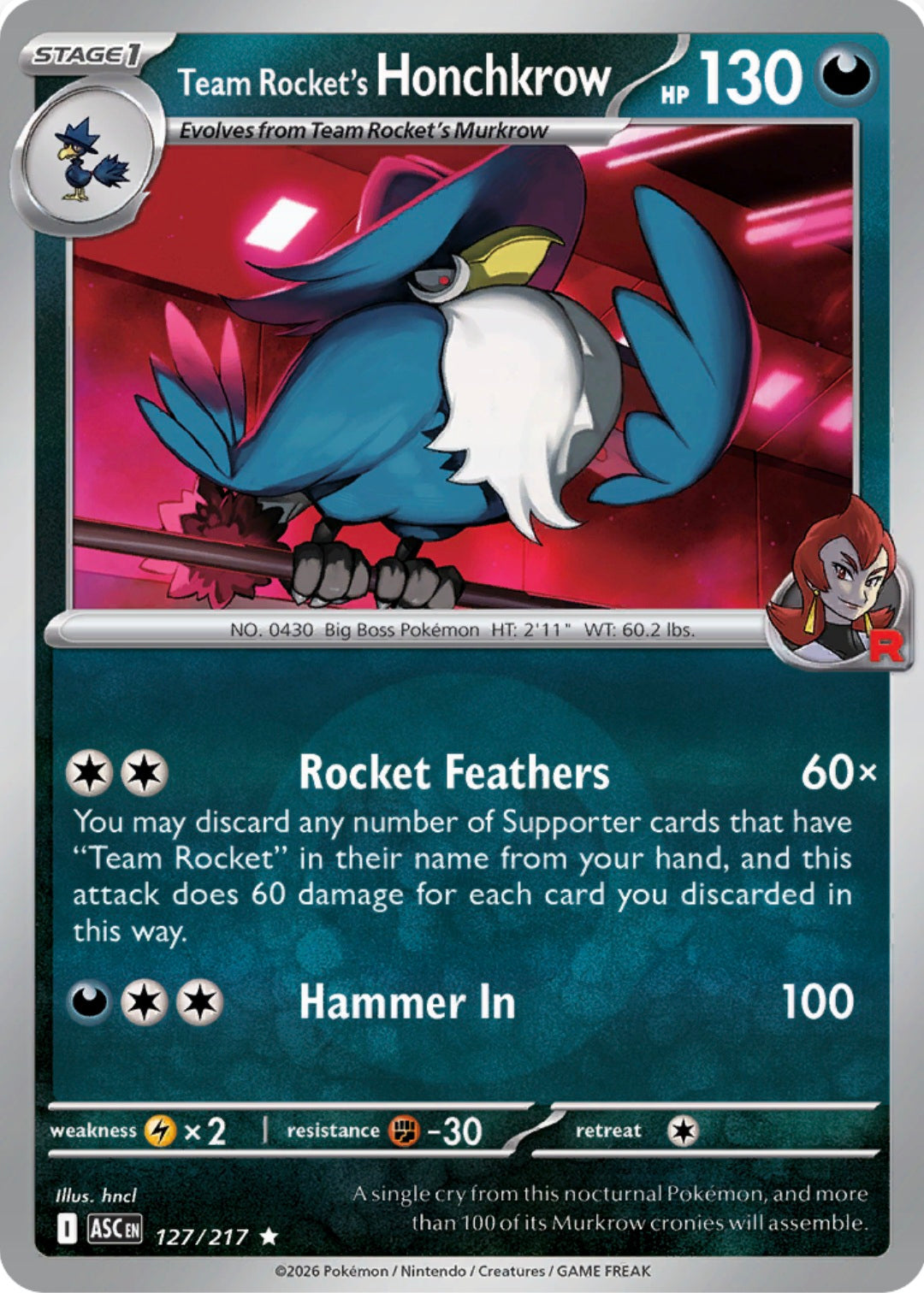 Team Rocket's Honchkrow 127/217 - Rare - Reverse Holo
