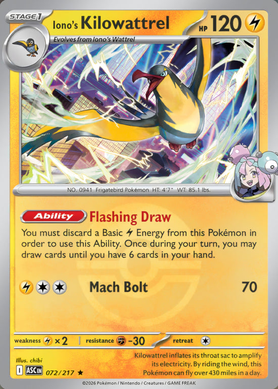 Iono's Kilowattrel 072/217 - Rare - Poke Ball