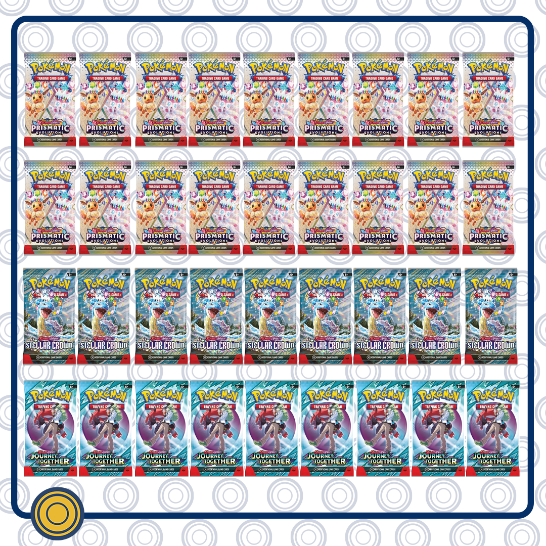 Booster box mixta 18 Boosters Prismatic Evolutions + 9 Boosters Stellar Crown + 9 Boosters Journey Together (Equivalente a 1 Booster Box)